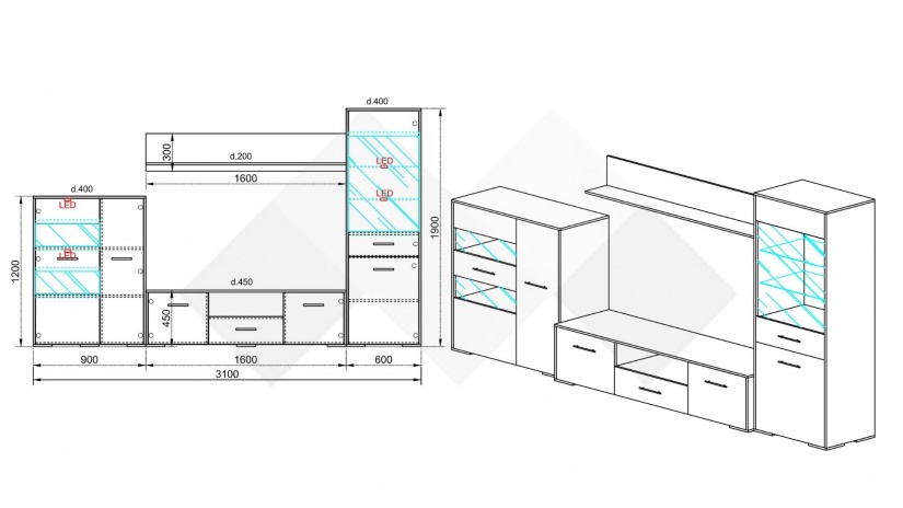 Секция Лече модулни дъб дакота с бял гланц - изглед 3 - МебелМаг Секция Лече модулни дъб дакота с бял гланц - изглед 3