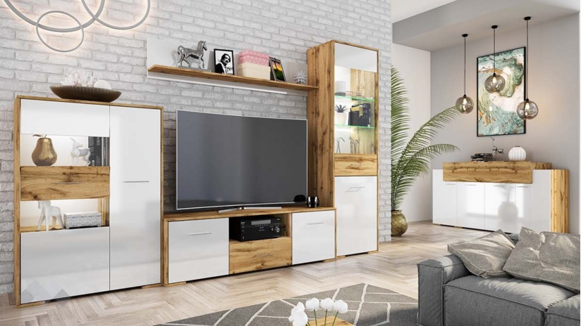 Секция Лече модулни дъб дакота с бял гланц - изглед 2 - МебелМаг Секция Лече модулни дъб дакота с бял гланц - изглед 2