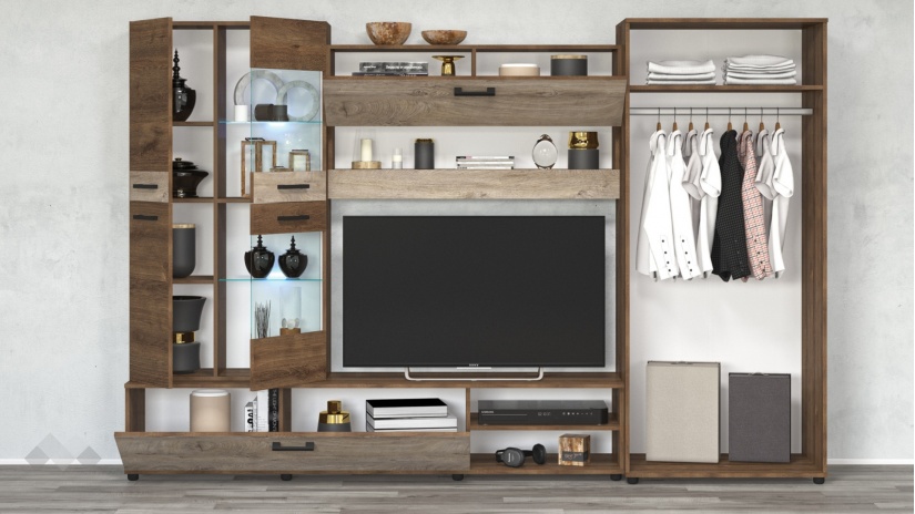 Секция Майли с LED осветление дъб бронз с дъб суров - изглед 2 - МебелМаг Секция Майли с LED осветление дъб бронз с дъб суров - изглед 2