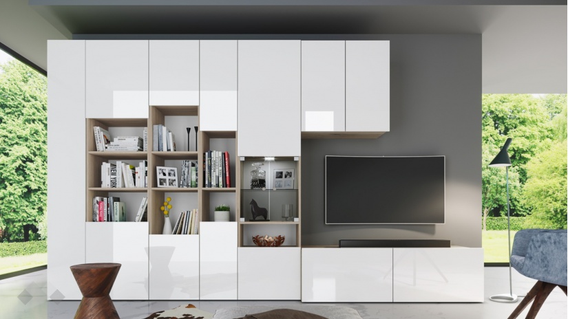 Секция Маверик с LED осветление сонома арвен с бяло гланц - изглед 1