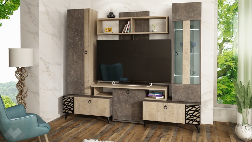 Секция Нола с витрина тъмен бетон с дъб суров - изглед 1 - МебелМаг Секция Нола с витрина тъмен бетон с дъб суров - изглед 1