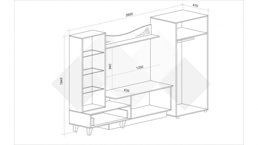 Секция Роксана с витрина бял гланц с мрамор - изглед 2 - МебелМаг Секция Роксана с витрина бял гланц с мрамор - изглед 2