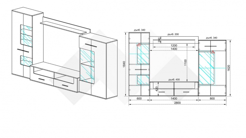 Секция Шери с LED осветление бяло гланц хайглос с дъб дакота - изглед 3 - МебелМаг Секция Шери с LED осветление бяло гланц хайглос с дъб дакота - изглед 3