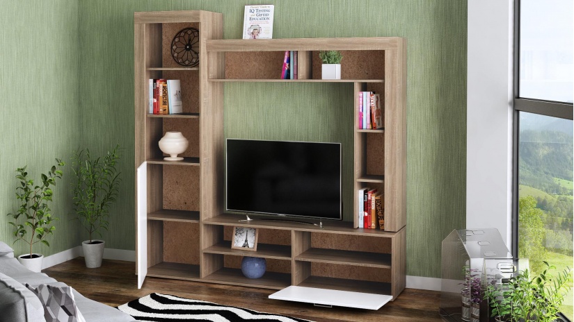 Секция Шоу с открити рафтове дъб сонома с бяло - изглед 3 - МебелМаг Секция Шоу с открити рафтове дъб сонома с бяло - изглед 3