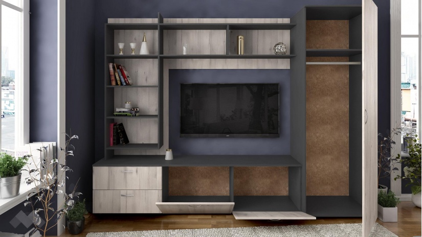 Секция Стела с гардероб северен дъб с антрацит - изглед 4 - МебелМаг Секция Стела с гардероб северен дъб с антрацит - изглед 4