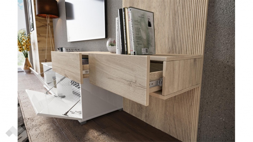 Секция Таласа с открити рафтове сонома арвен с бяло гланц - изглед 6 - МебелМаг Секция Таласа с открити рафтове сонома арвен с бяло гланц - изглед 6