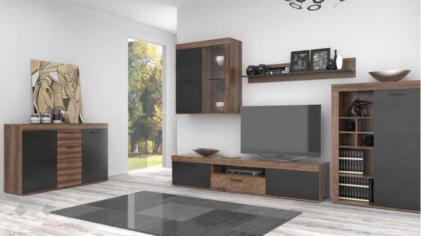 Секция Валентин модулни тъмен дъб с черен дъб - изглед 1 - МебелМаг Секция Валентин модулни тъмен дъб с черен дъб - изглед 1