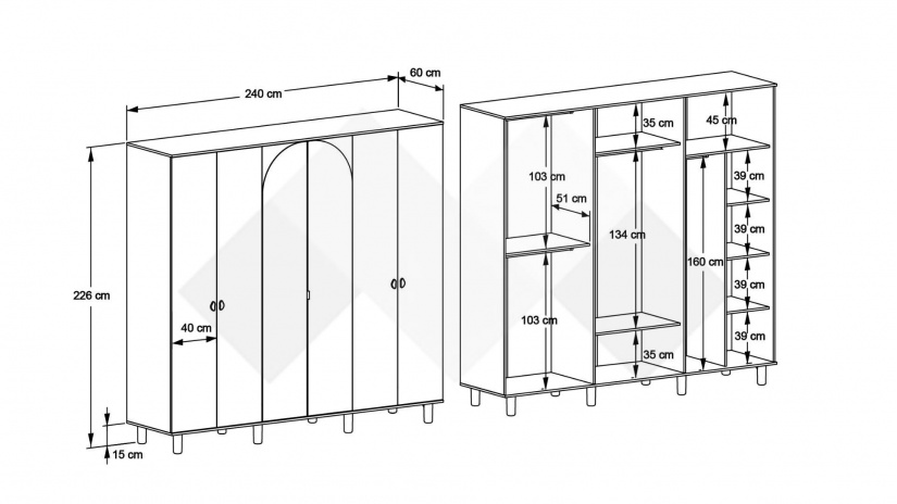 Гардероб Бохем шесткрилни дъб флорида с пясъчно сиво - изглед 3