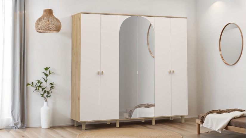 Гардероб Бохем шесткрилни дъб флорида с пясъчно сиво - изглед 1