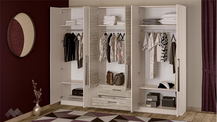 Гардероб Керина шесткрилни памучно бежов с травертин - изглед 2 - МебелМаг Гардероб Керина шесткрилни памучно бежов с травертин - изглед 2