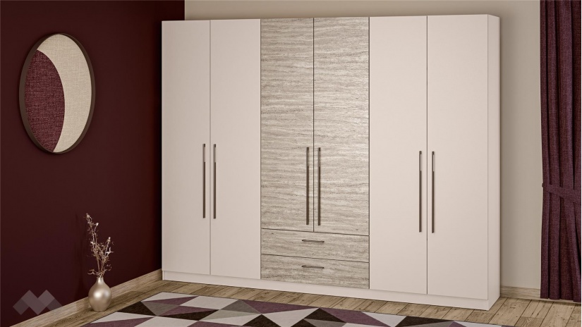 Гардероб Керина шесткрилни памучно бежов с травертин - изглед 1 - МебелМаг Гардероб Керина шесткрилни памучно бежов с травертин - изглед 1