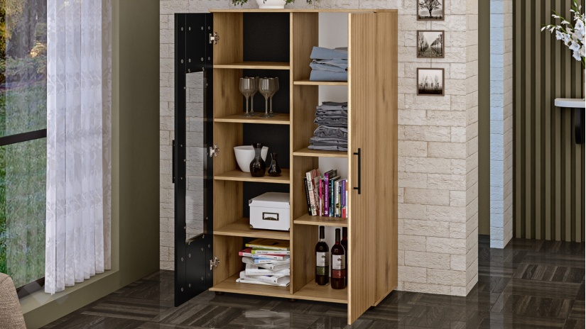 Шкаф с витрина Ламела дъб канела с дъб ламела и черно шагре - изглед 2 - МебелМаг Шкаф с витрина Ламела дъб канела с дъб ламела и черно шагре - изглед 2