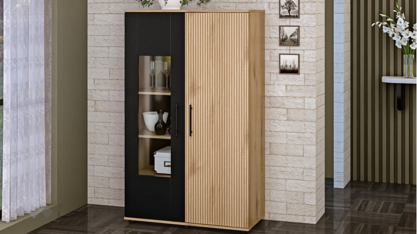 Шкаф с витрина Ламела дъб канела с дъб ламела и черно шагре - изглед 1 - МебелМаг Шкаф с витрина Ламела дъб канела с дъб ламела и черно шагре - изглед 1