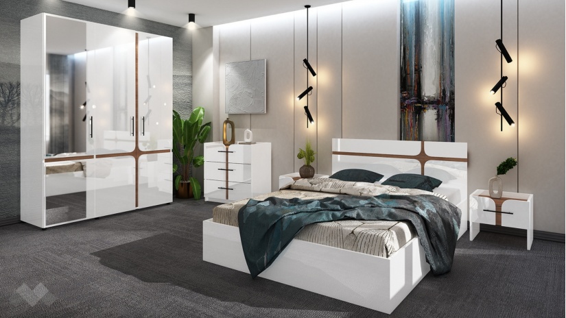 Спален комплект със скрин бял гланц с денвър - изглед 1