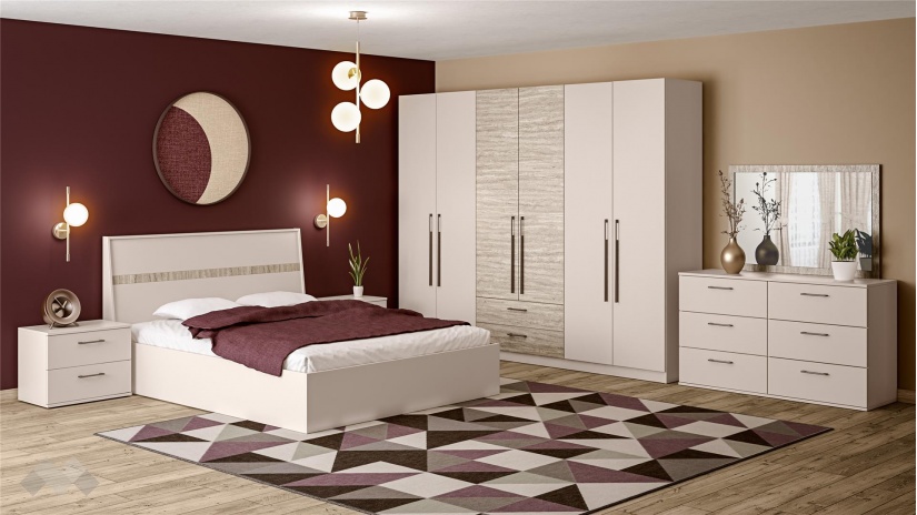 Спален комплект Керина памучно бежов с траверт - изглед 1 - МебелМаг Спален комплект Керина памучно бежов с траверт - изглед 1