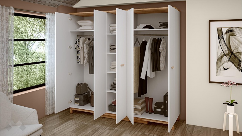 Гардероб Линда петкрилни бяло гладко с дъб кадис - изглед 3 - МебелМаг Гардероб Линда петкрилни бяло гладко с дъб кадис - изглед 3