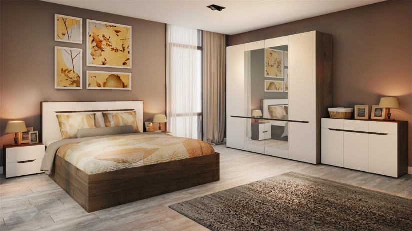 Спален комплект Санта Мария орех адмирал със сатен - изглед 1 - МебелМаг Спален комплект Санта Мария орех адмирал със сатен - изглед 1