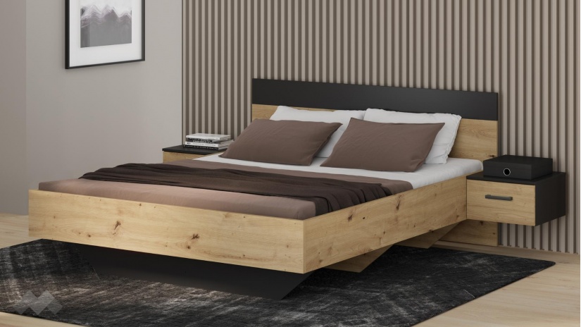 Спалня с нощни шкафчета 160/200 Мониса с включен матрак Sleep Nuvia 160/200 дъб артисан с черно - изглед 1