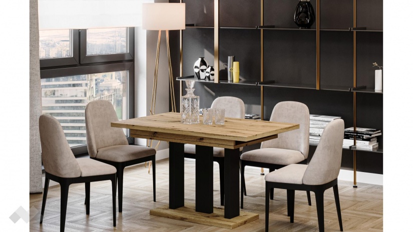 Трапезна маса Апиа разтегателни дъб артисан с черно - изглед 1 - МебелМаг Трапезна маса Апиа разтегателни дъб артисан с черно - изглед 1