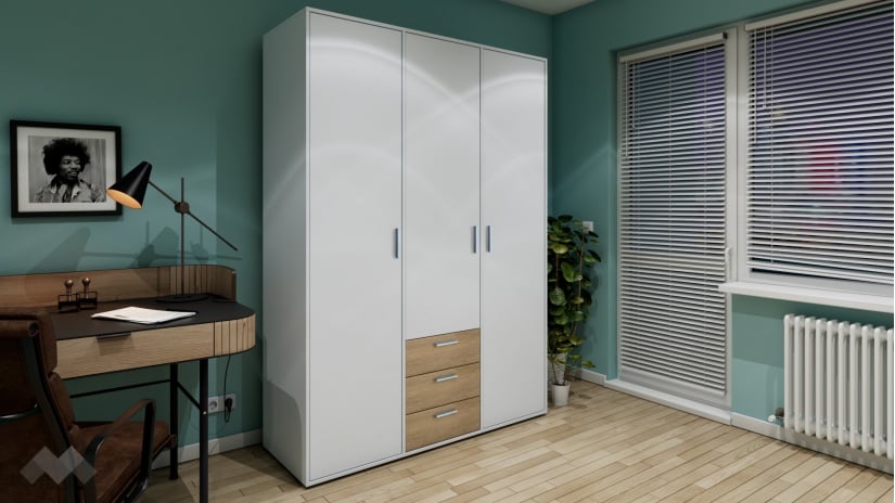 Гардероб Жизел трикрилни бяло гладко с дъб сонома - изглед 1