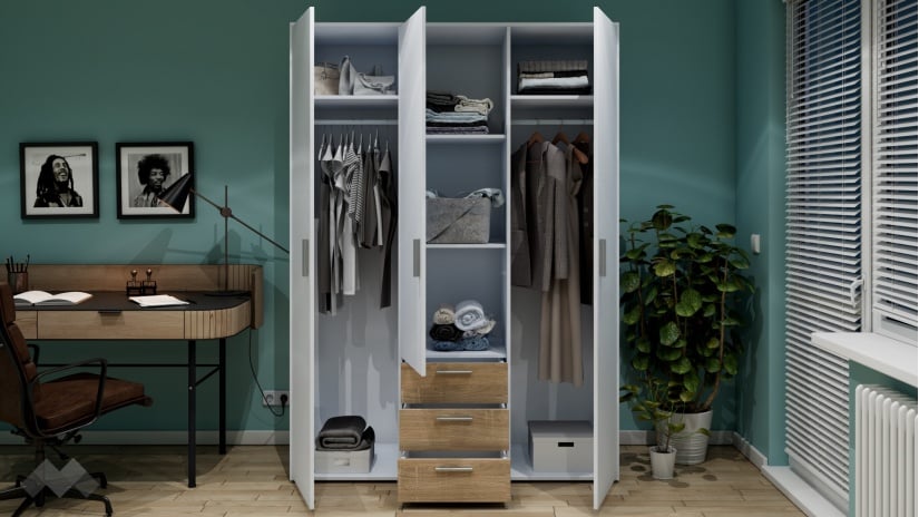 Гардероб Жизел трикрилни бяло гладко с дъб сонома - изглед 2