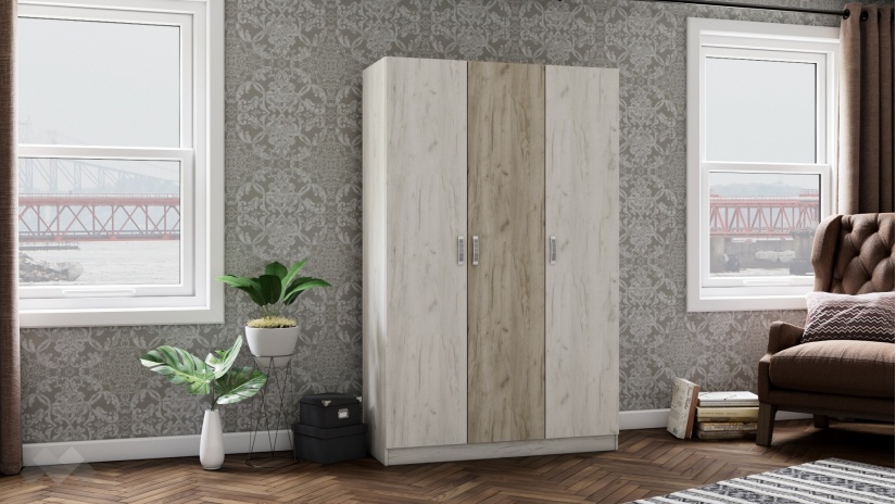 Гардероб Адам трикрилни дъб крафт бял с дъб крафт сив - изглед 1