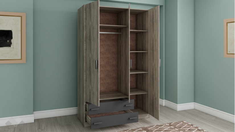 Гардероб Спирит трикрилни малта с антрацит - изглед 2 - МебелМаг Гардероб Спирит трикрилни малта с антрацит - изглед 2