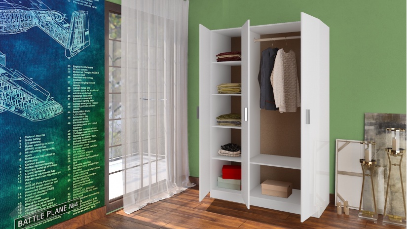 Гардероб Шайн трикрилни бял гланц - изглед 3