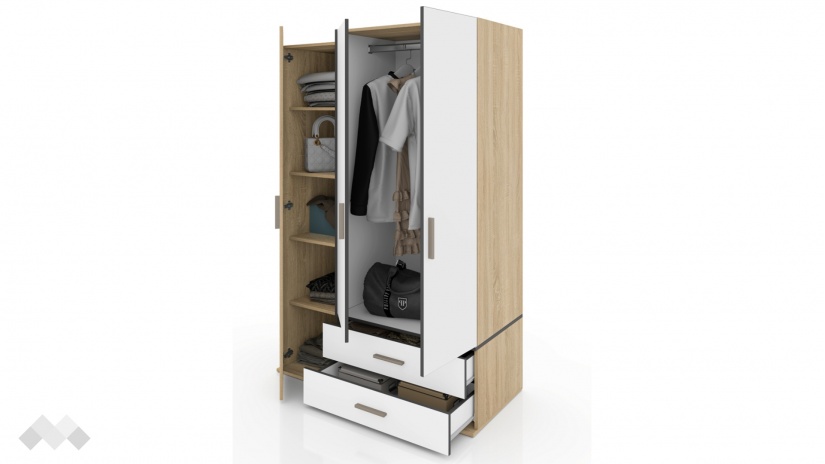 Гардероб Тунис трикрилни тъмна сонома с бяло гладко - изглед 2 - МебелМаг Гардероб Тунис трикрилни тъмна сонома с бяло гладко - изглед 2