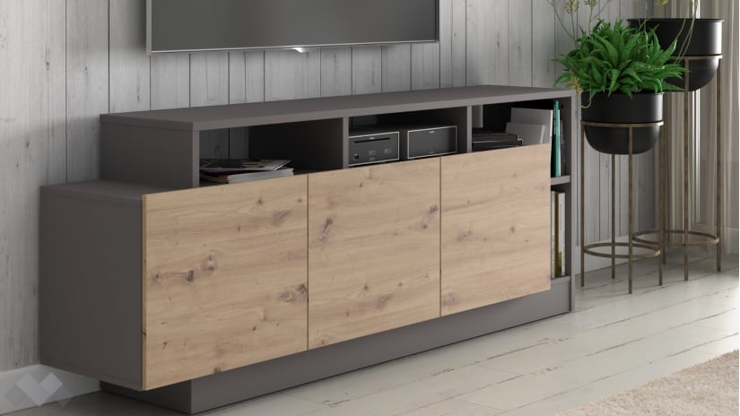 ТВ шкаф Ариса с открити рафтове дъб артисан със сиво - изглед 1 - МебелМаг ТВ шкаф Ариса с открити рафтове дъб артисан със сиво - изглед 1