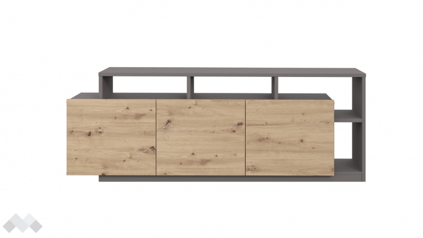 ТВ шкаф Ариса с открити рафтове дъб артисан със сиво - изглед 2 - МебелМаг ТВ шкаф Ариса с открити рафтове дъб артисан със сиво - изглед 2