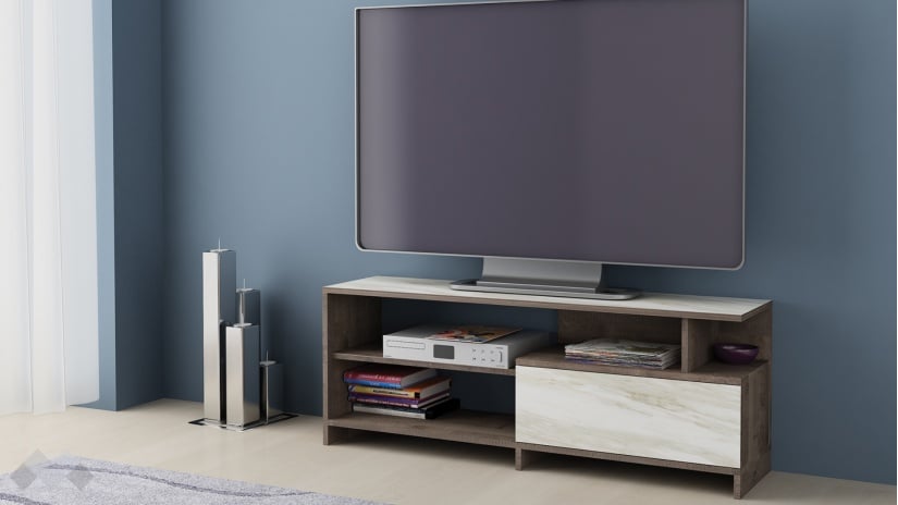 ТВ шкаф Кейти колониален дъб с бял мрамор - изглед 1 - МебелМаг ТВ шкаф Кейти колониален дъб с бял мрамор - изглед 1