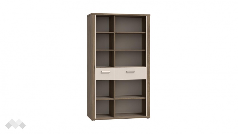 Висок шкаф с две чекмеджета Дейлос с открити рафтове дъб валенсия с крем - изглед 3