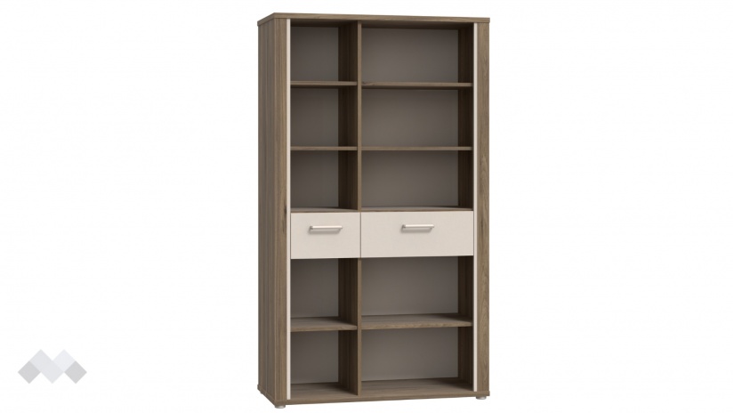 Висок шкаф с две чекмеджета Дейлос с открити рафтове дъб валенсия с крем - изглед 3 - МебелМаг Висок шкаф с две чекмеджета Дейлос с открити рафтове дъб валенсия с крем - изглед 3