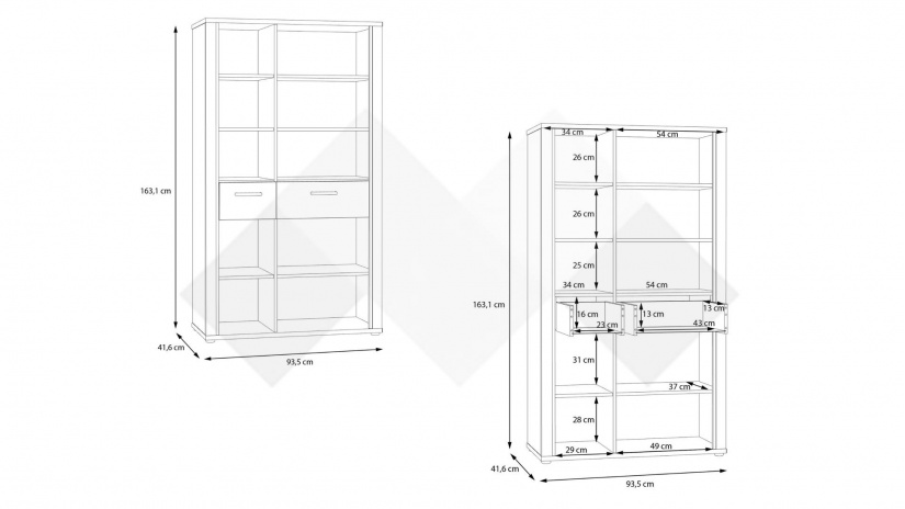 Висок шкаф с две чекмеджета Дейлос с открити рафтове дъб валенсия с крем - изглед 5 - МебелМаг Висок шкаф с две чекмеджета Дейлос с открити рафтове дъб валенсия с крем - изглед 5