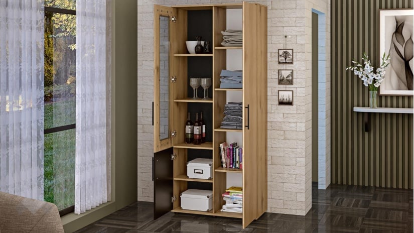 Висок шкаф с витрина Ламела дъб канела с дъб ламела и черно шагре - изглед 2 - МебелМаг Висок шкаф с витрина Ламела дъб канела с дъб ламела и черно шагре - изглед 2