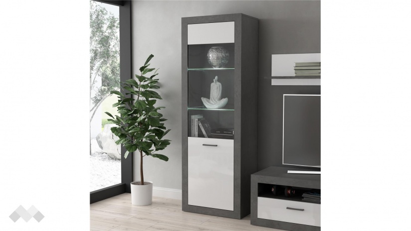 Висок шкаф Требия с витрина сиво с бял гланц - изглед 1