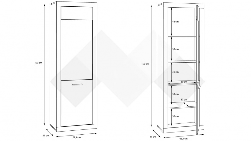 Висок шкаф Требия с витрина сиво с бял гланц - изглед 8
