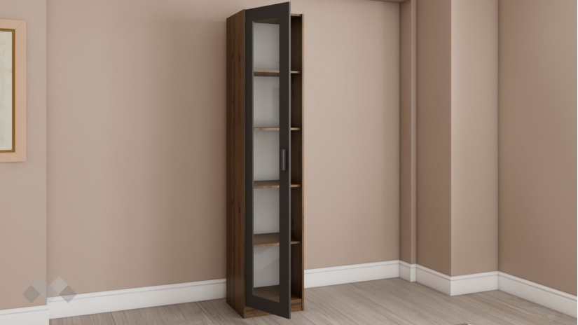 Висок шкаф с витрина Хироу с витрина дъб вотан с черно шагре - изглед 2