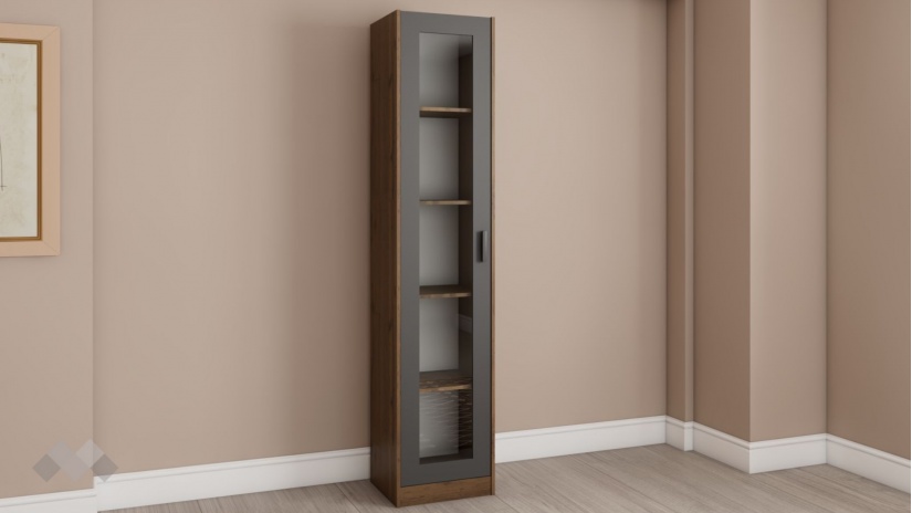 Висок шкаф с витрина Хироу с витрина дъб вотан с черно шагре - изглед 1