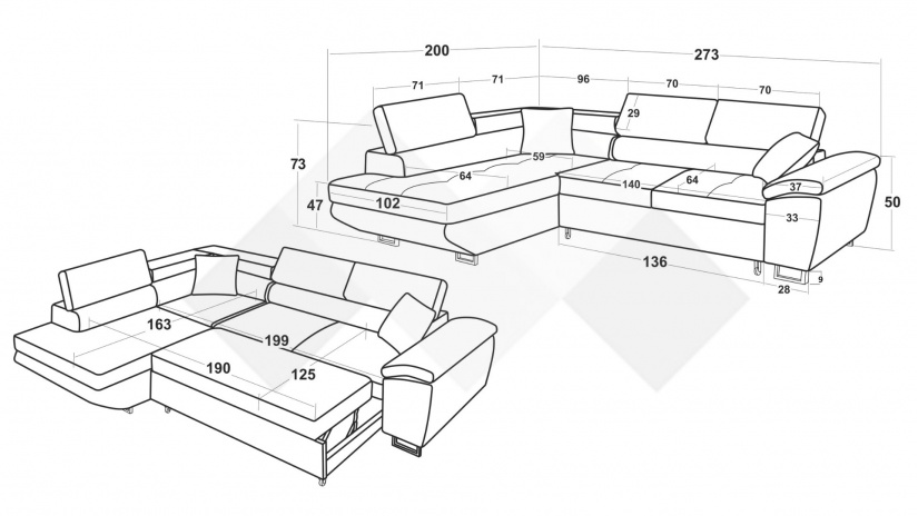 Ъглов диван Едуард с посока сив с бяло - изглед 5