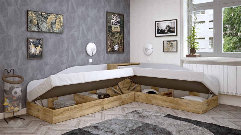 Ъглови легла 82/190 Селтик с включени матраци Бонел 82/190 келтски дъб със светло сиво - изглед 2 - МебелМаг Ъглови легла 82/190 Селтик с включени матраци Бонел 82/190 келтски дъб със светло сиво - изглед 2