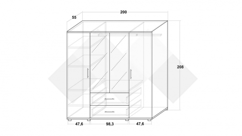 Гардероб Ламела четирикрилни дъб канела с дъб ламела и черно шагре - изглед 3