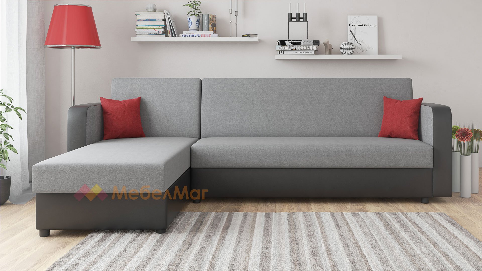 Ъглов диван Макси универсален сив с черна кожа - изглед 1