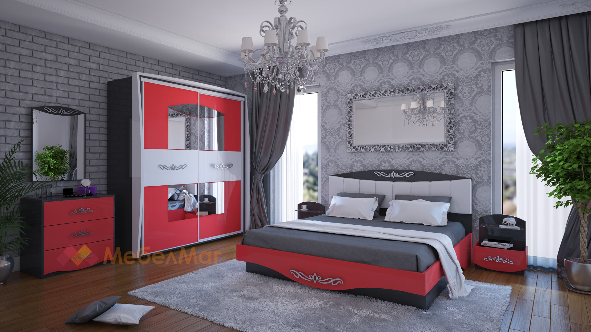 Спален комплект Кармен с включен матрак Бонел 160/200 черно, червено и бял гланц - изглед 1